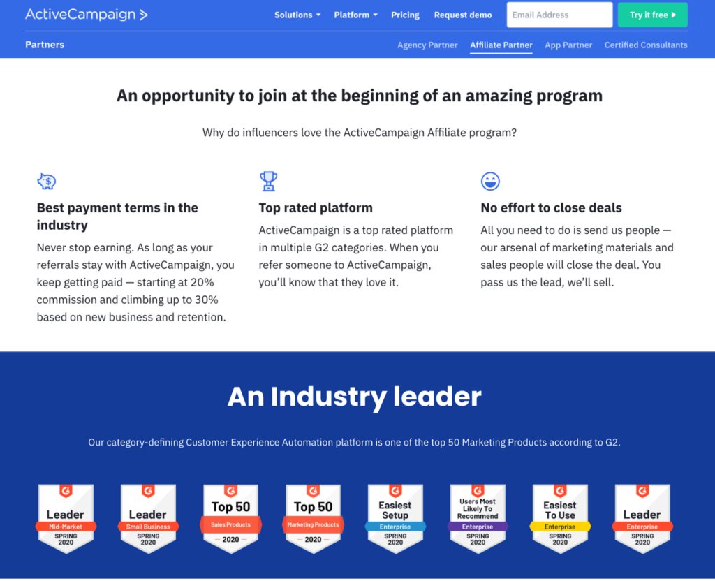 ActiveCampaign g2 review badges design for trust affiliate partner page example