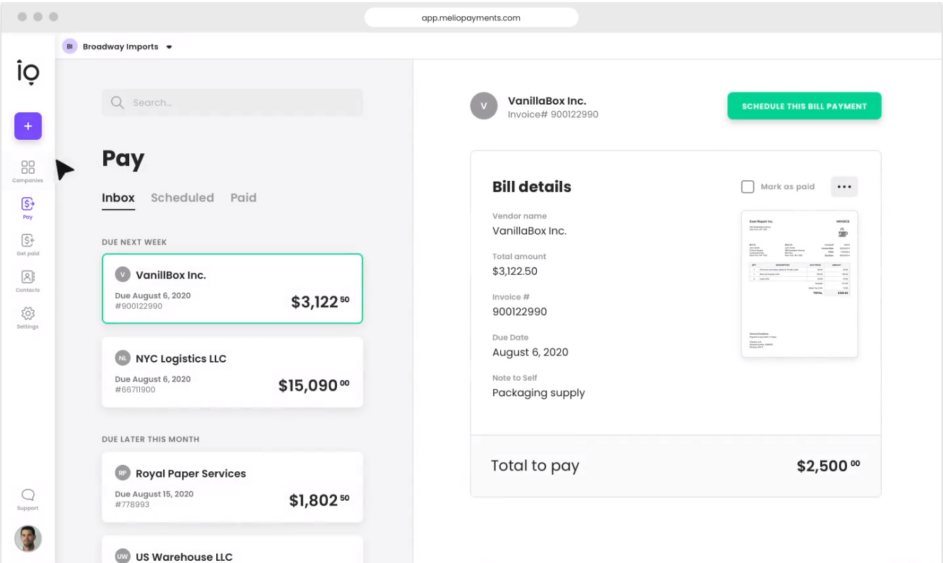 Invoice payment in Melio.