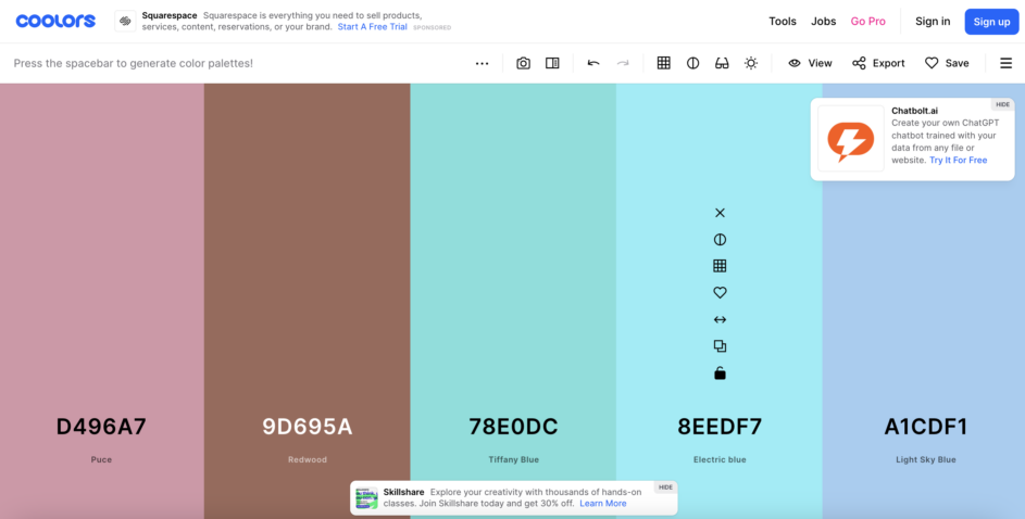 A design palette of five colors in design tool Coloors.