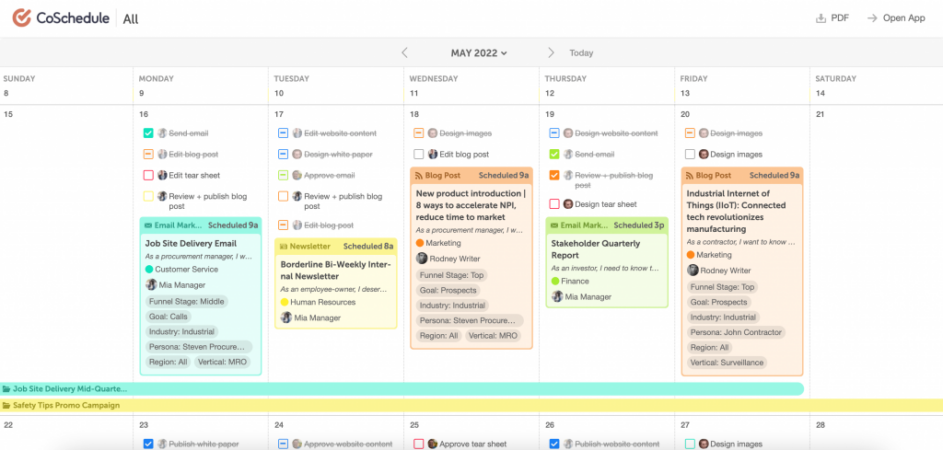 Content calendar in CoSchedule showing newsletters, blog posts, and social media content in the pipeline.