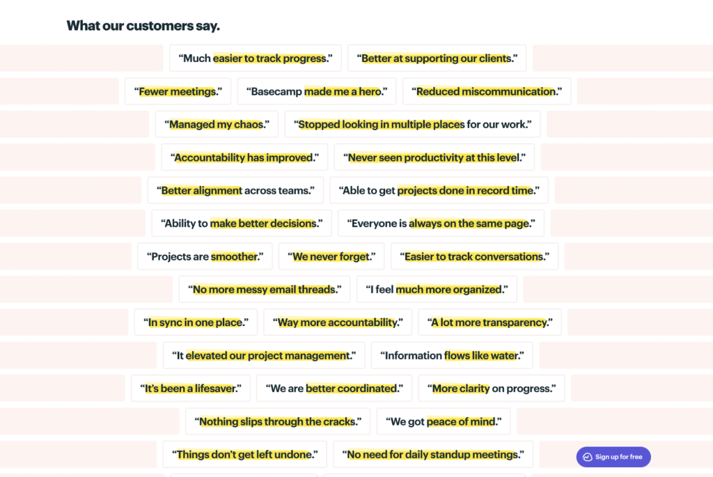 Review quotes to highlight benefits: Basecamp example