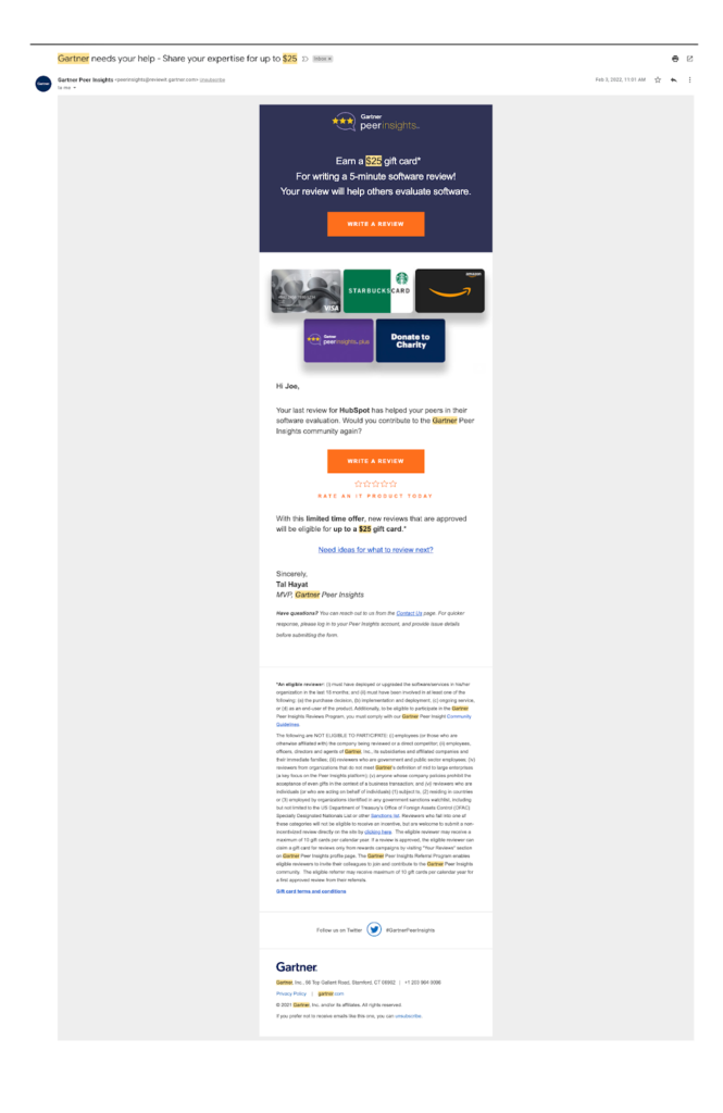 Example of a review request from Gartner Peer Insights