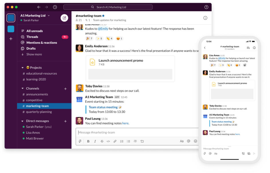 Slack's UI on desktop and mobile.