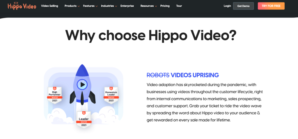 Hippo Video g2 review badge design for trust affiliate partner page example