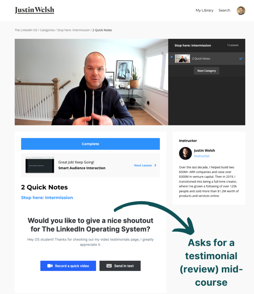 screenshot of justin welsh asking for a testimonial in video embedded in in online course