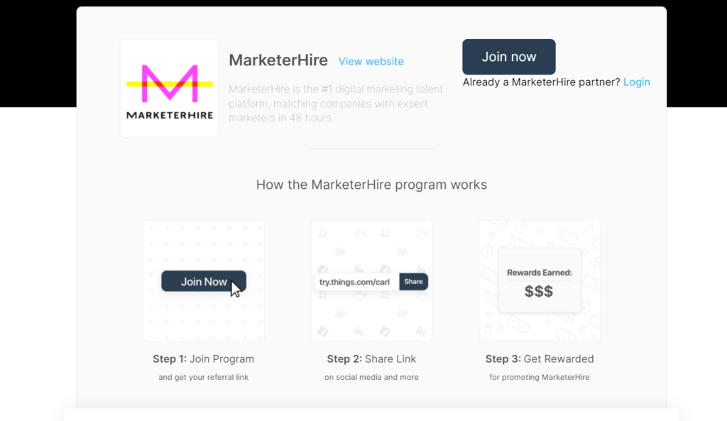 MarketerHire affiliate partner page example build structure design example