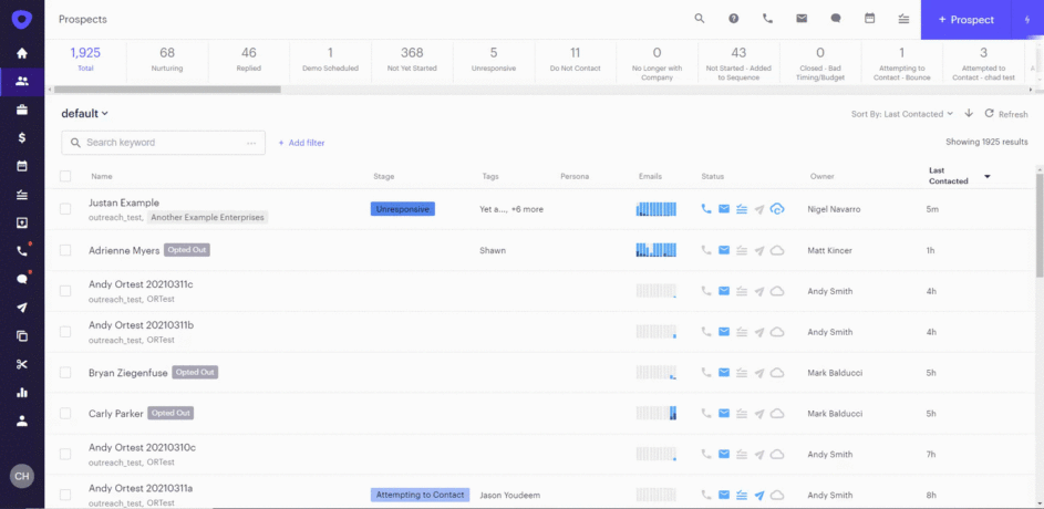 Prospect view in Outreach showing list of prospects and opportunities.