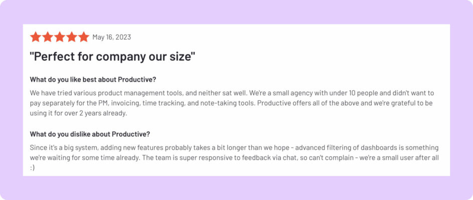 A customer praises Productive for being an all-in-one project management tool for agencies.