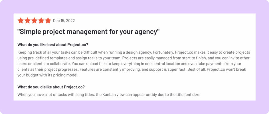 A customer shares a five star review for Project.co saying it's "simple project management for your agency."