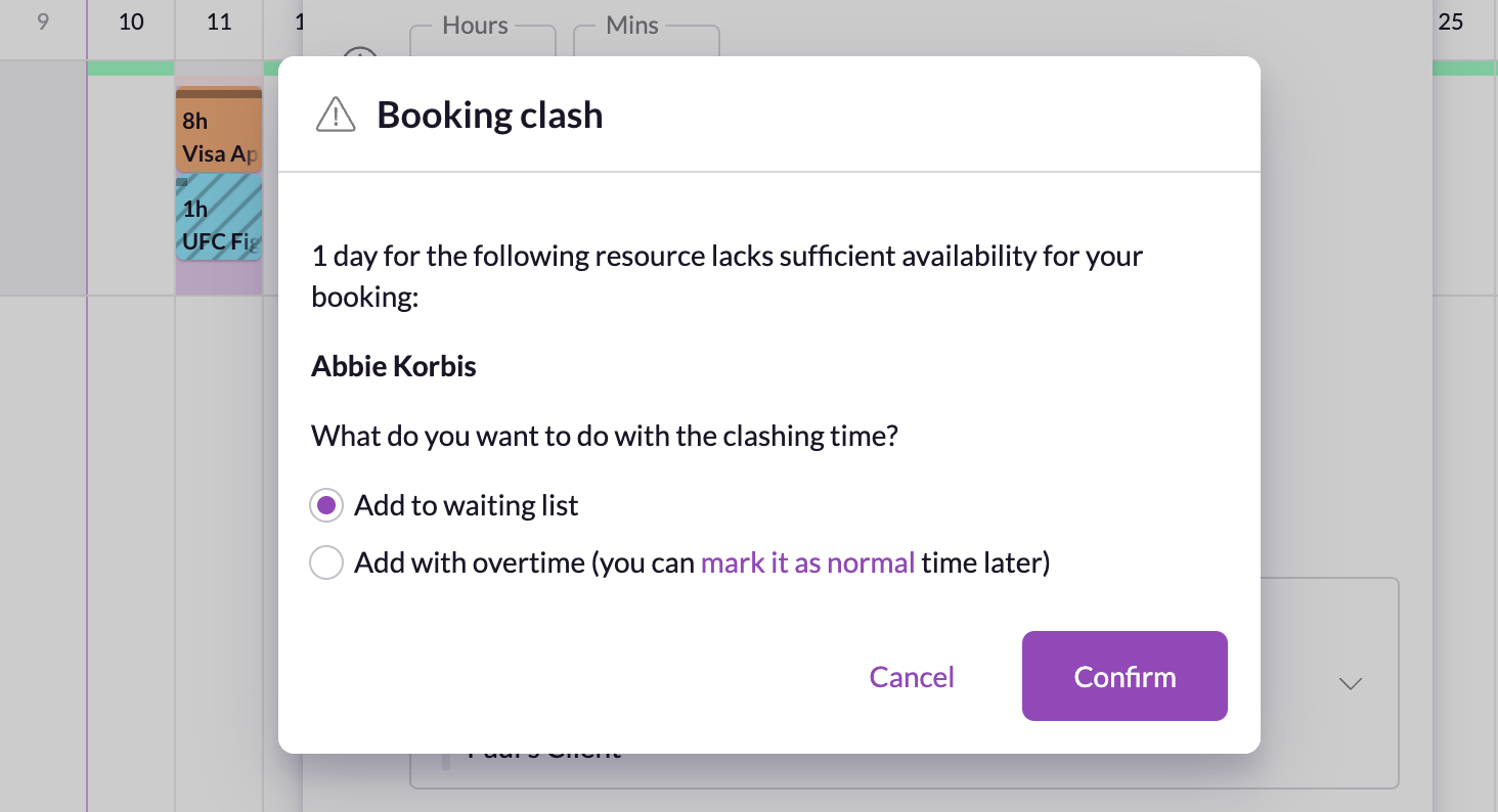 resource guru booking clash