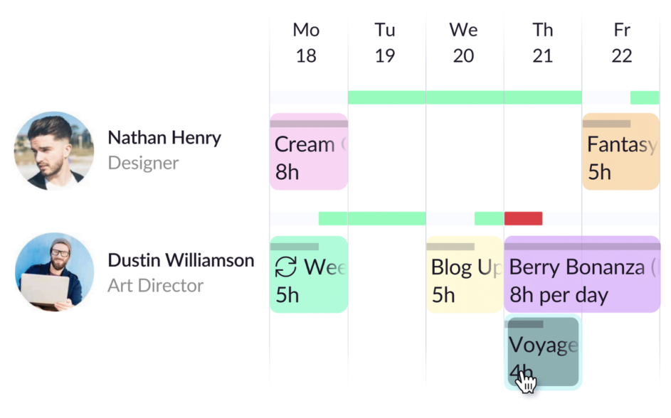 Snapshot of Resource Guru's schedule view showing the ability to drag and drop bookings.