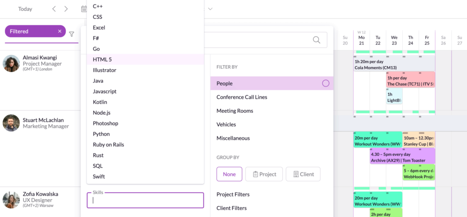 Resource management tool skill filters