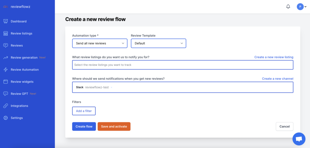 screenshot of reviewflowz review monitoring tool