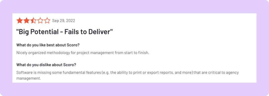 A Scoro customer complains the platform fails to deliver on its promises.