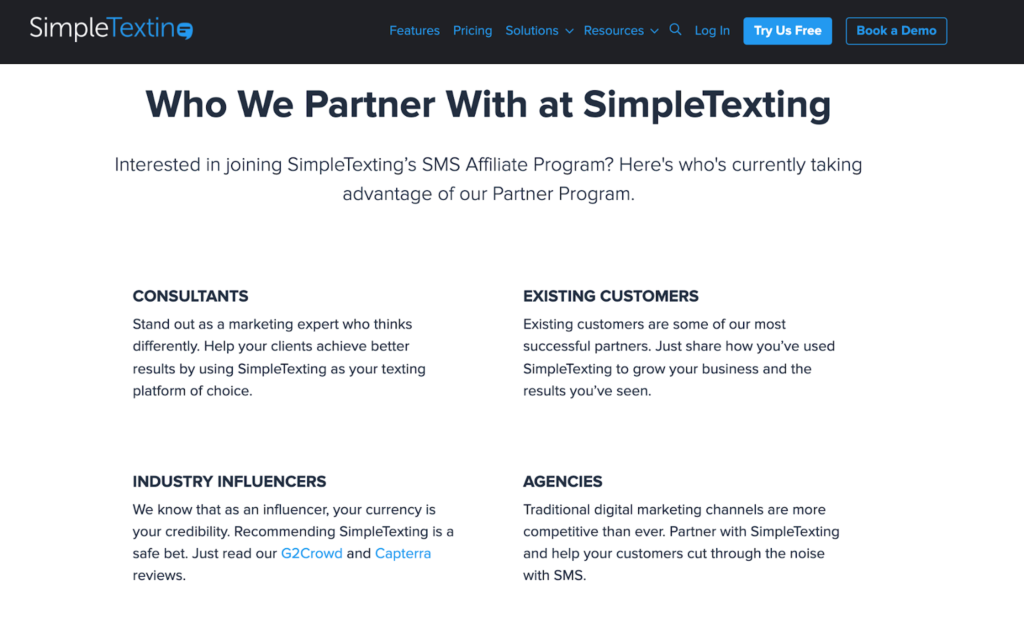 SimpleTexting reviews g2 capterra design for trust affiliate partner page example