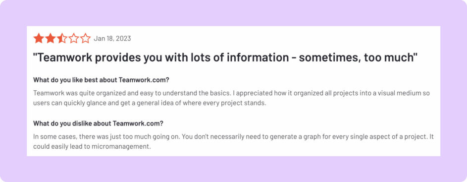 A negative review about Teamwork, saying it can get overwhelming.