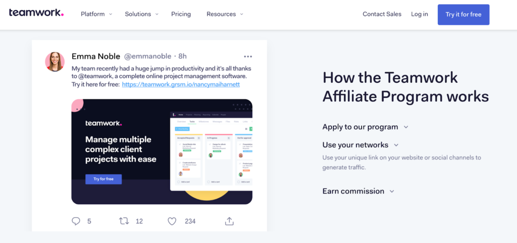 Teamwork software affiliate partner program page show benefits design example