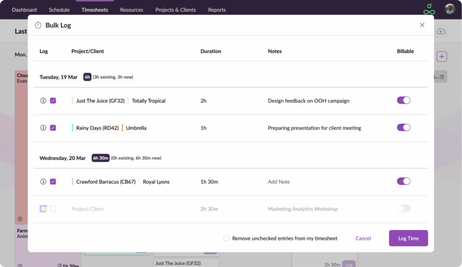 Complete your timesheet quickly with bulk log