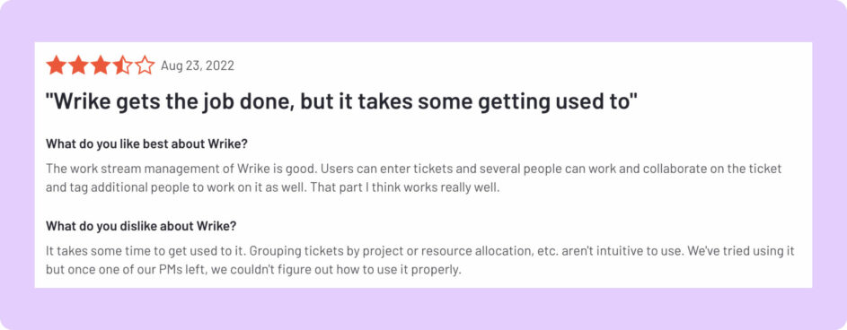 A negative review about Wrike on G2.