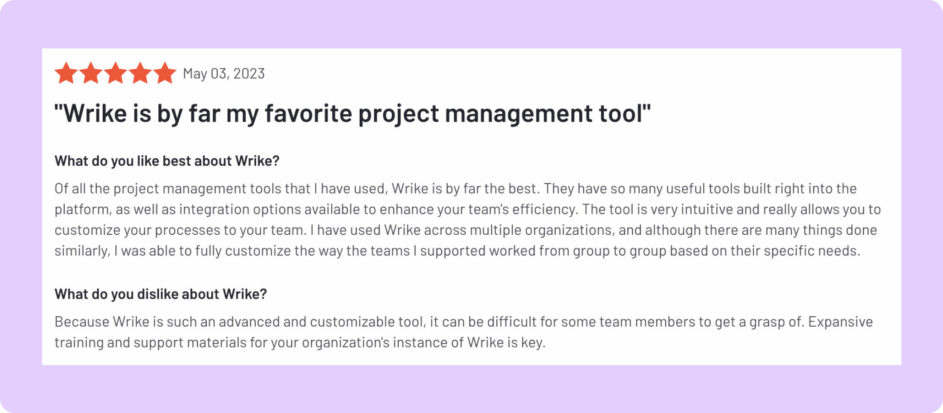 A positive five-star customer review about Wrike.